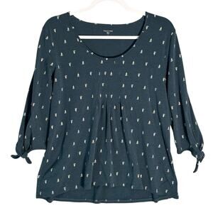 Garnet Hill Sz S Organic Cotton Tencel Pleated Front 3/4 Sleeve Top Tie‎ Sleeve